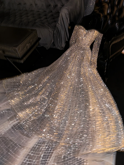 Gold sequined off-shoulder fitted long ball gown/bridal dress R8719