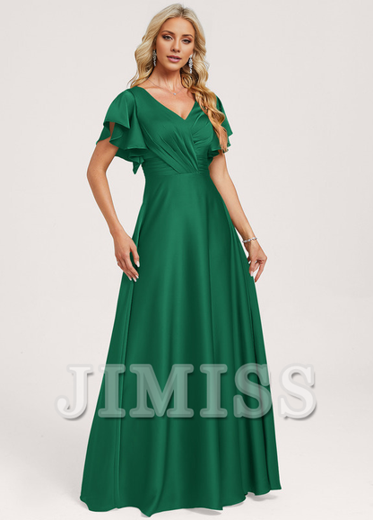 Ruffled A-line V-neck Floor-length Satin Bridesmaids Dress