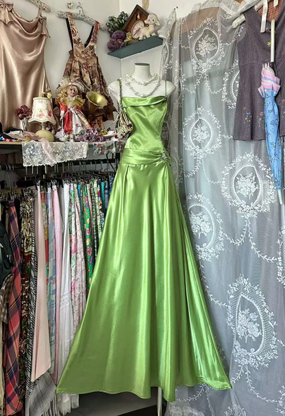 Light green halter-neck, fitted satin long ball gown R7574