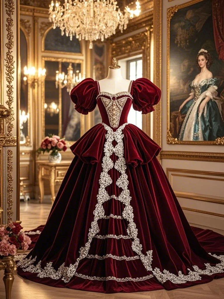 Red puffed-sleeve square-neck waist-cinching slim-fit ballgown long prom dress R7928
