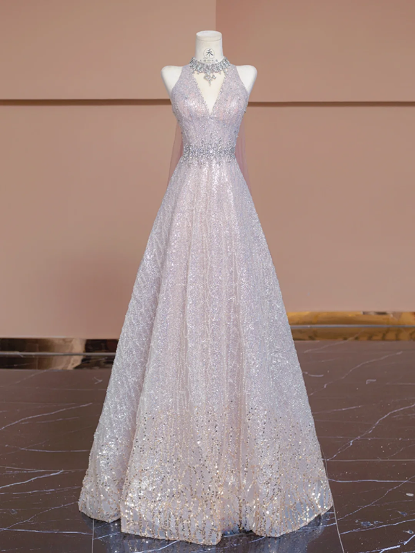 Light pink V-neck fitted A-line skirt rhinestone long ball gown/bridal dress R8292