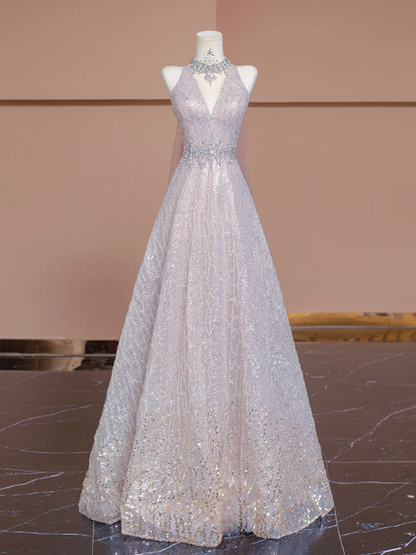 Light pink V-neck fitted A-line skirt rhinestone long ball gown/bridal dress R8292