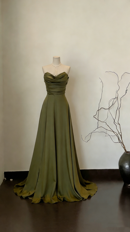 Stylish Sage Green Strapless Satin A Line Long Wedding Guest Dress Formal Party Dress SP1551