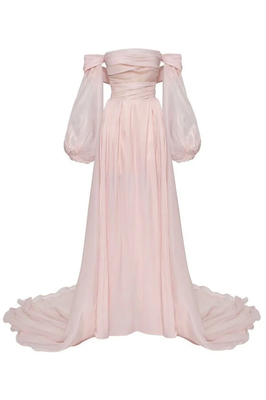 Light pink off-the-shoulder fitted long elegant ball gown, bridal dress R8564