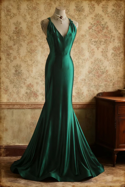 Green satin halter-neck, cinched waist, backless, sexy bodycon long ball gown R6742