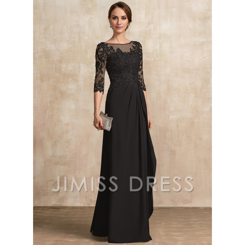 A-shaped Scoop Illusion floor mopping chiffon lace ribbon bead sequins layered ruffles mother of the bride dress