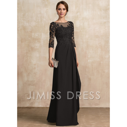 A-shaped Scoop Illusion floor mopping chiffon lace ribbon bead sequins layered ruffles mother of the bride dress