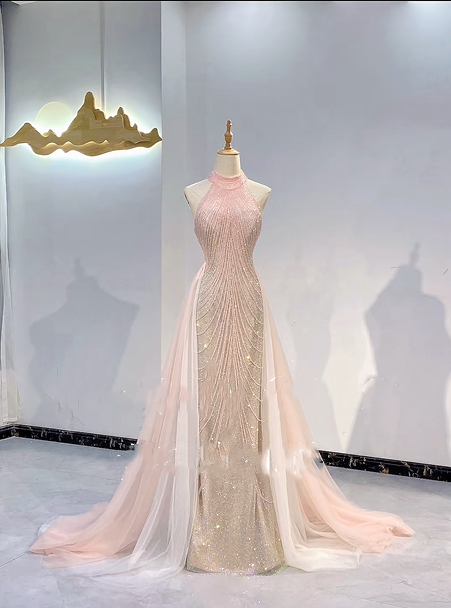 Light Pink Halter Rhinestone Waist-Cinched Fitted Tassel Long Evening Dress, Fairy Gown, Romantic Gown gh7396