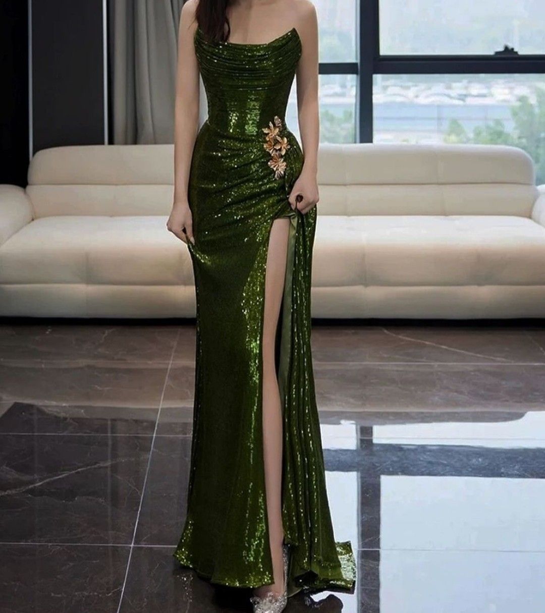 Vintage Dark Green Sheath Sequin Evening Gown Strapless Slit Party Dress Floor Length Formal Dress TP4909