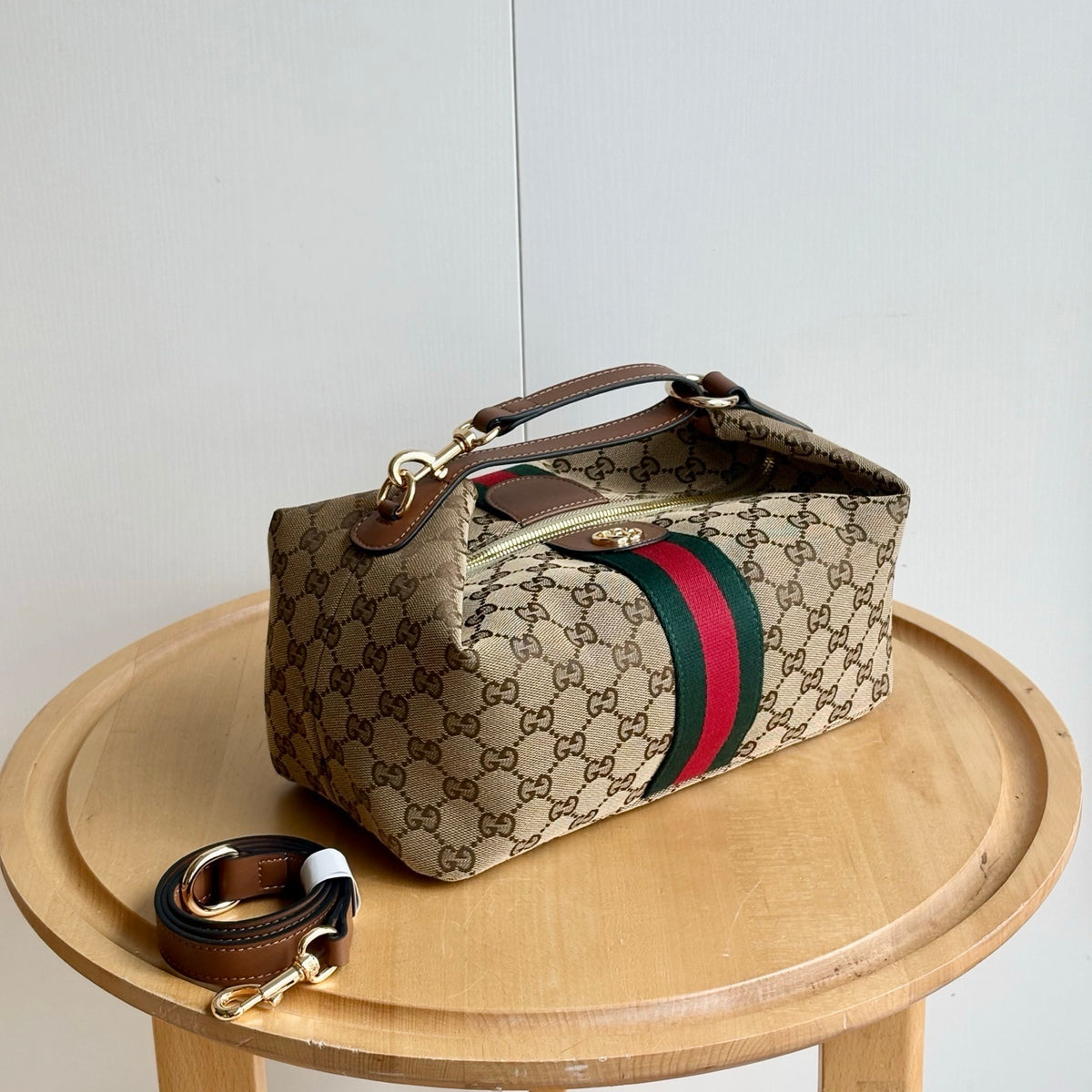 Gucci Vanity Medium Top Handle Bag Beige And Brown GG Canvas 27Cm
