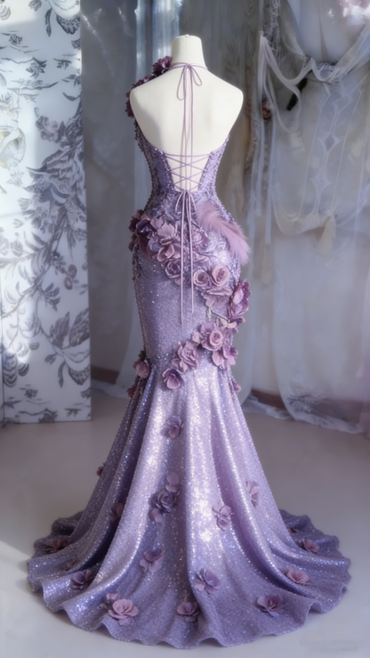 Glamorous Lavender Glitter Mermaid Gown 3D Floral Appliqué Evening Dress TP5710