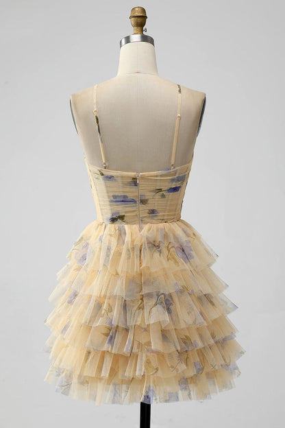 Vintage Yellow Floral Design A-line Spaghetti Strap Tiered Homecoming Dress TP3406