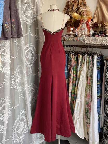 Vintage V Neck Lace Burgundy Long Prom Dress Mermaid Party Evening Gown cc1736