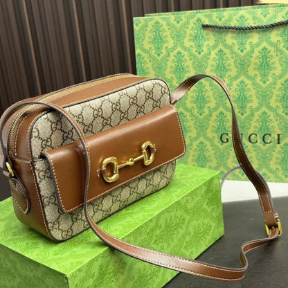 Gucci Horsebit 1955 Small Shoulder Bag Beige Ebony GG Supreme Canvas 22Cm