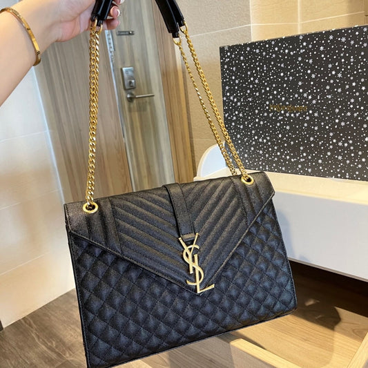 Saint Laurent Envelope Large In Quilted Grain De Poudre Embossed Black Gold 31Cm 600166BOW911000