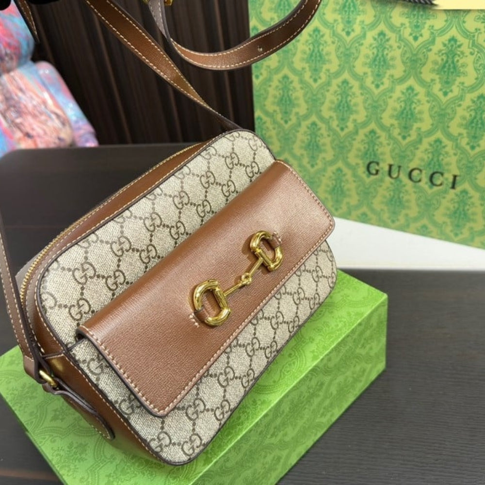 Gucci Horsebit 1955 Small Shoulder Bag Beige Ebony GG Supreme Canvas 22Cm