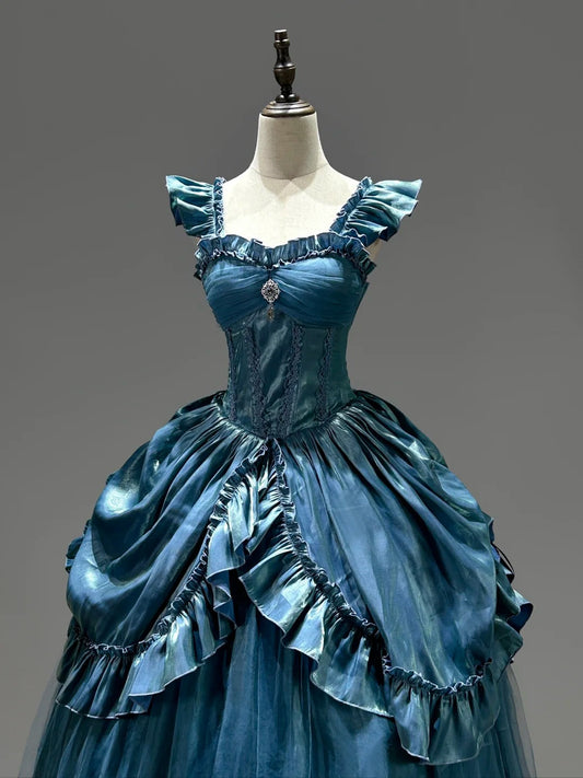 Blue Gorgeous Elegant Exquisite Long Satin Floor Length Ball Gown Evening Gown Wedding Dress gh4134