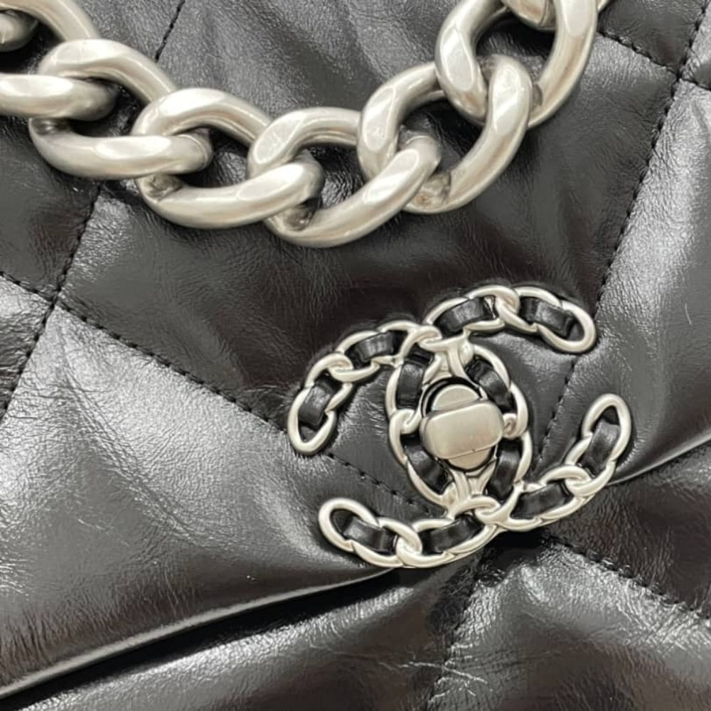 Chanel 19 Series Classic Double C Logo Silver Turn Buckle Black 31Cm
