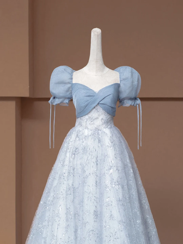 Light gray-blue puff sleeve, fitted waist, A-line skirt, long ball gown R8498