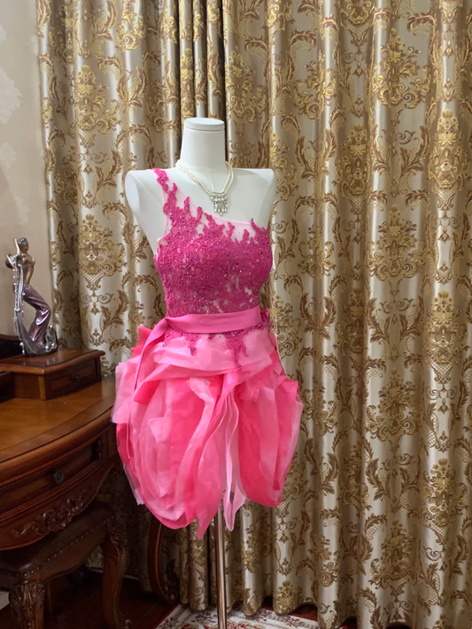 Rose Red One-Shoulder Waist-Cinched Bubble Mini Prom Dress, Evening Gown, Graduation Dress gh7250