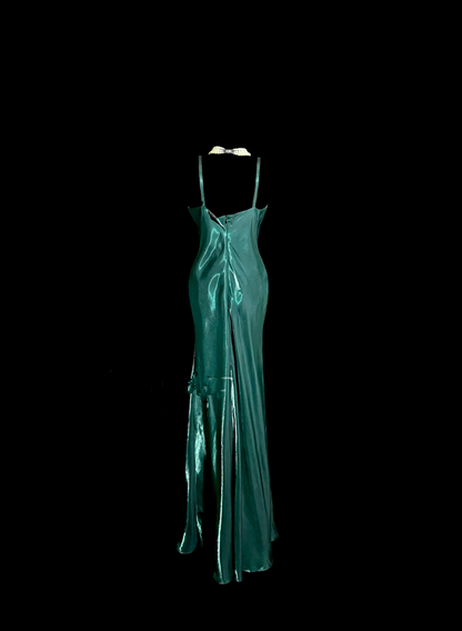Dark green halter-neck fitted long ball gown R6663
