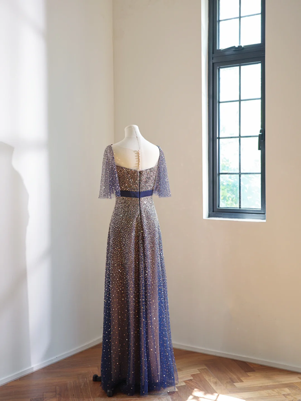 Deep blue sequined waist-cinching long elegant ball gown R8468