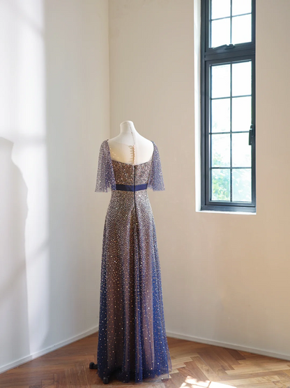 Deep blue sequined waist-cinching long elegant ball gown R8468