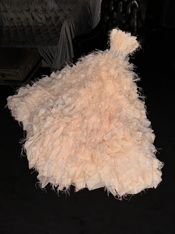 Light apricot strapless fitted waist slim-fitting ball gown/bridal dress R8720