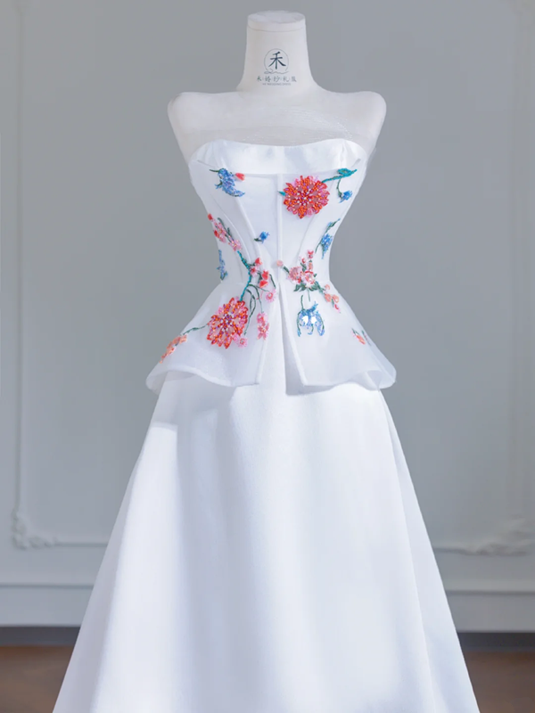 White strapless beaded floral dress with a fitted waist, A-line silhouette, and long ball gown R8243