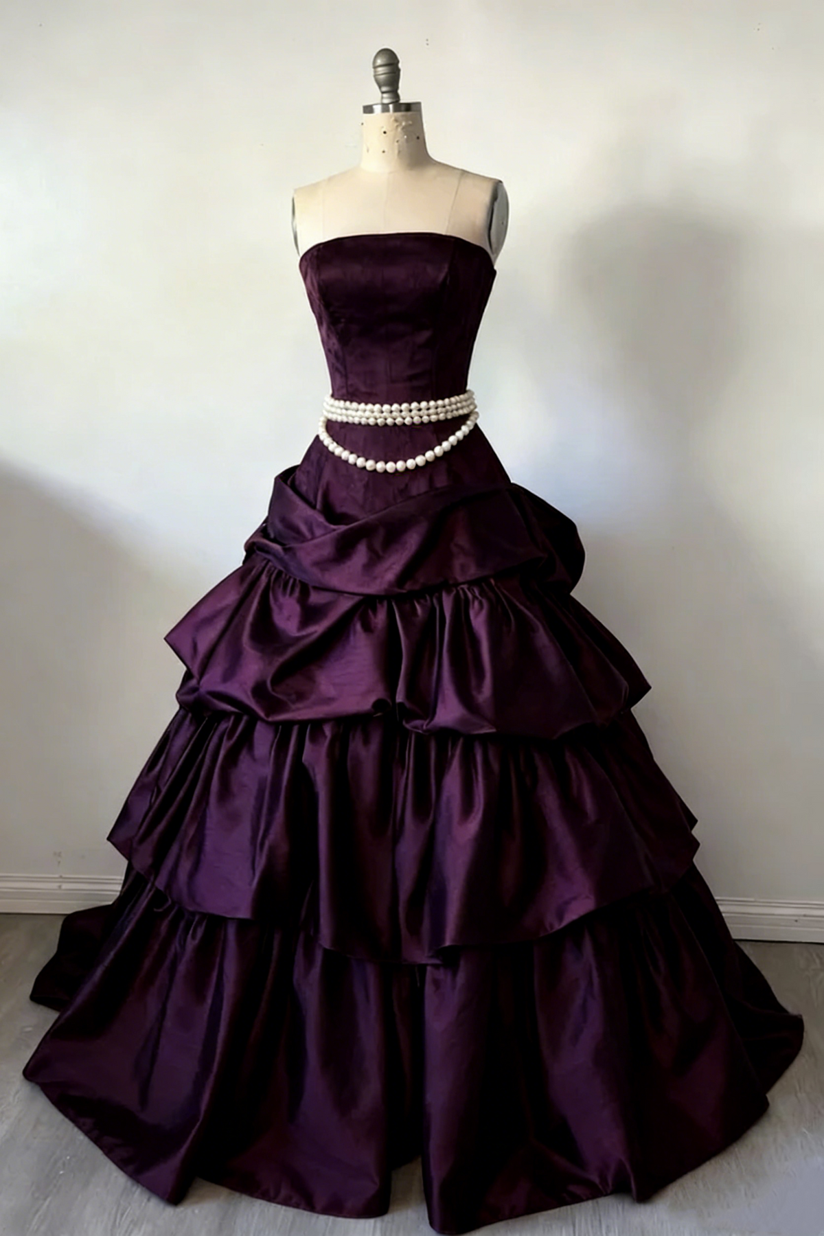 Elegant Strapless Burgundy Satin Pleated Layered Long Party Dress Prom Dresses SP1339