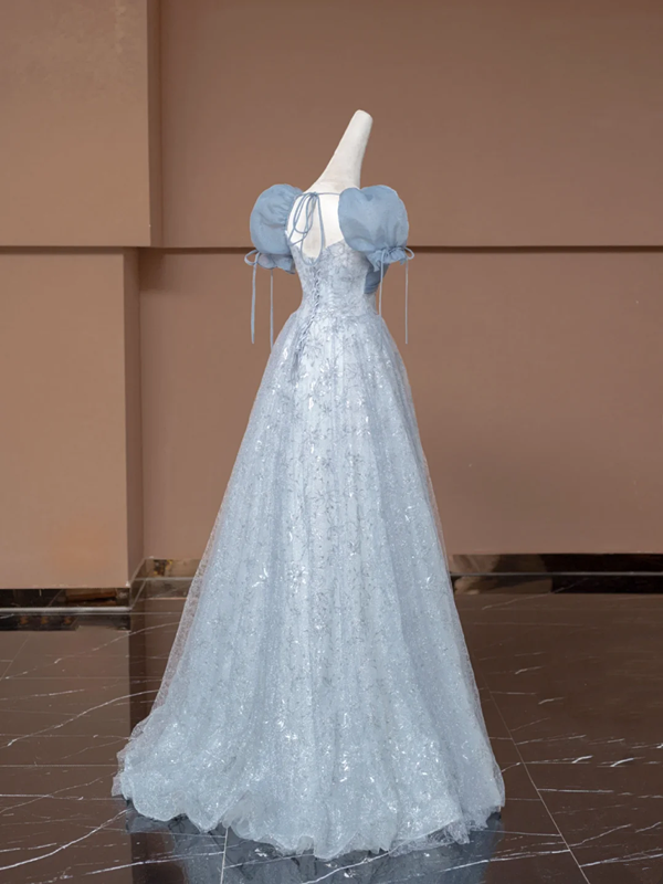 Light gray-blue puff sleeve, fitted waist, A-line skirt, long ball gown R8498