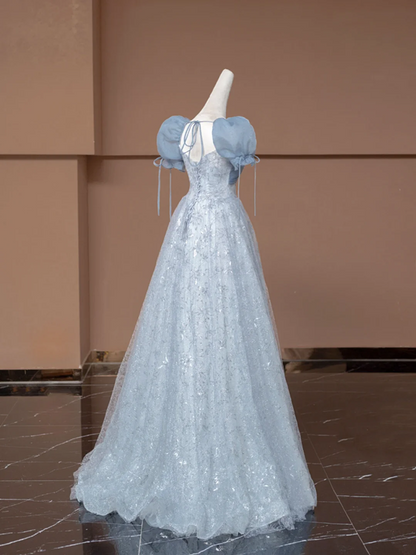 Light gray-blue puff sleeve, fitted waist, A-line skirt, long ball gown R8498