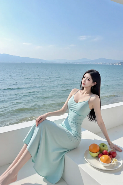 Light blue halter-neck backless sexy long ball gown R7542