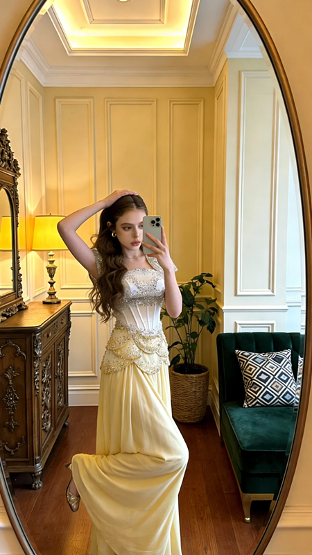 White bodice with rhinestone embellishments and a light yellow skirt, long ball gown/bridal dress R8595