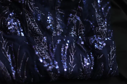 Navy blue sequined halter-neck fitted bodycon long ball gown R6782