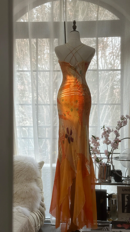 Orange halter-neck, fitted, elegant long ball gown R7698