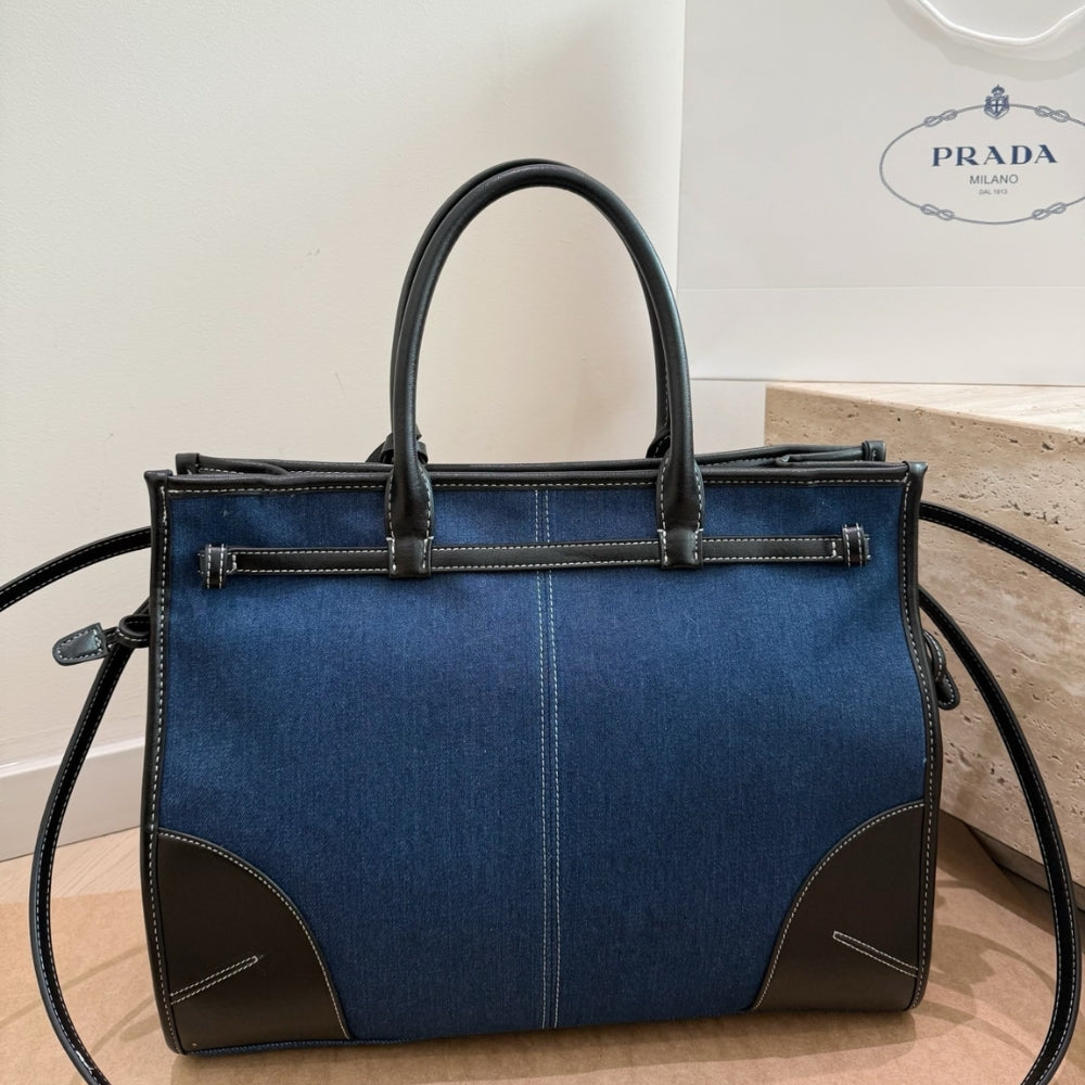 Prada Bonnie Denim and Brown Leather Tote Bag with Buckle Detail 38cm
