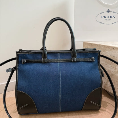 Prada Bonnie Denim and Brown Leather Tote Bag with Buckle Detail 38cm