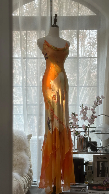 Orange halter-neck, fitted, elegant long ball gown R7698
