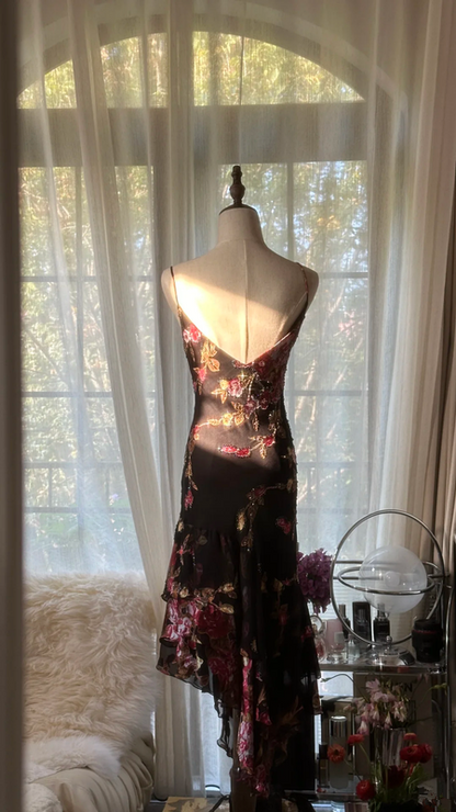 Black with pink floral print, halter-neck, fitted, asymmetrical hem, long ball gown R7738