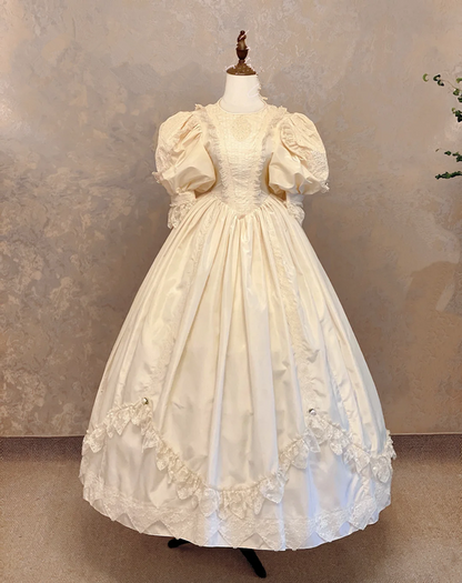 White puff-sleeved, round neck, retro-style, fitted waist, long ball gown/bridal dress R7235