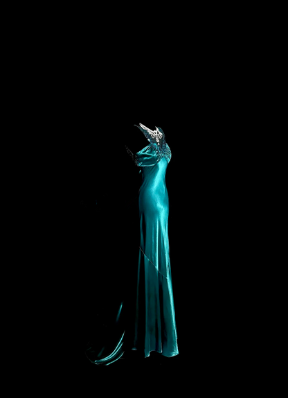 Lake blue halter-neck satin fitted long ball gown R6623