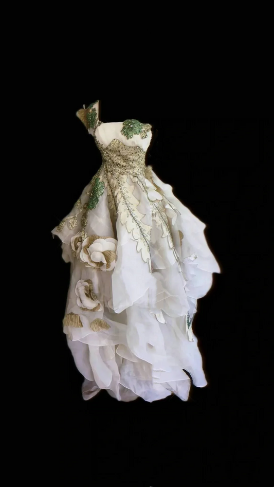 Light Green Floral One Shoulder Waist-Cinching Beaded Prom Gown, Evening Formal Dress gh7326