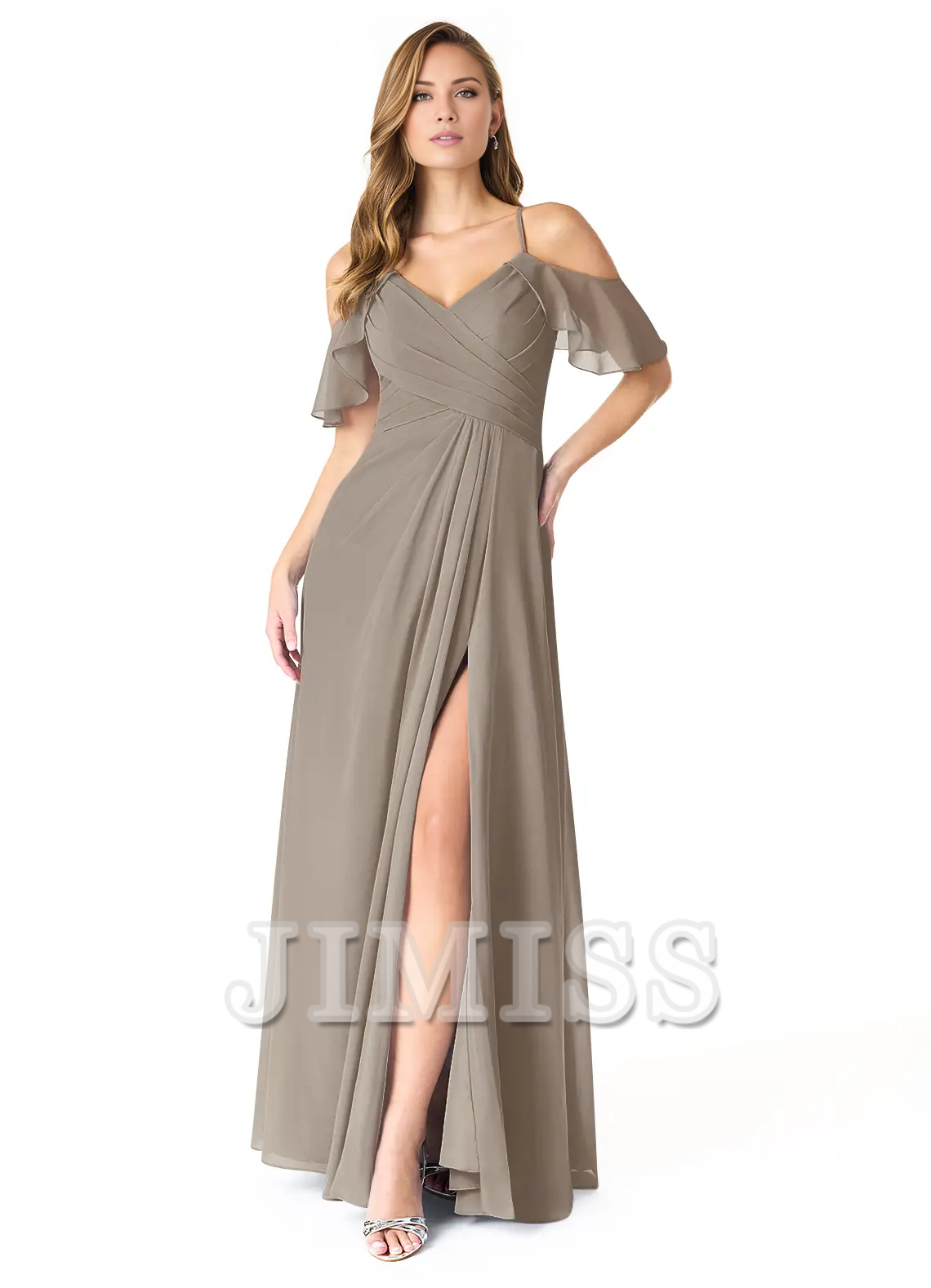 A-line V-neck pleated chiffon side slit and floor length bridesmaid dress - Dress