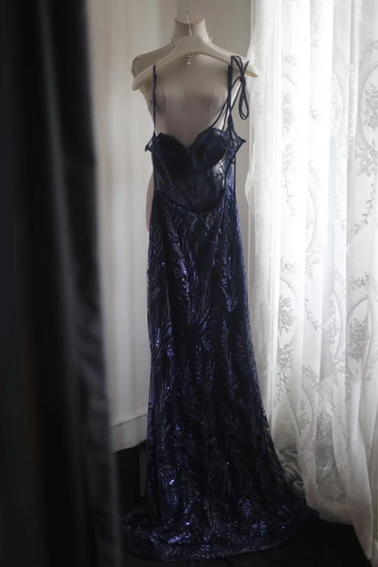 Navy blue sequined halter-neck fitted bodycon long ball gown R6782