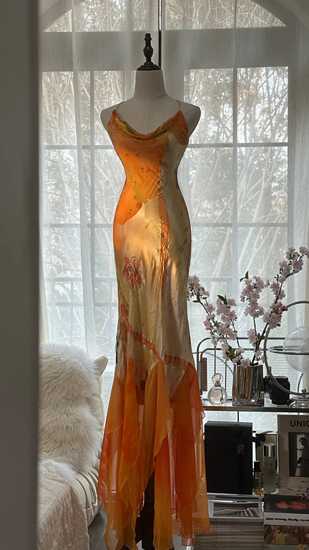 Orange halter-neck, fitted, elegant long ball gown R7698