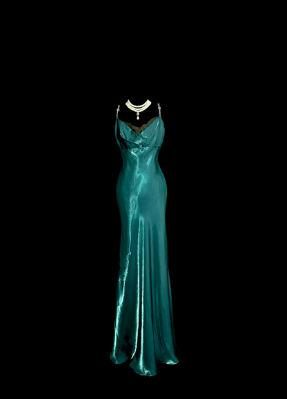 Dark green halter-neck fitted long ball gown R6663