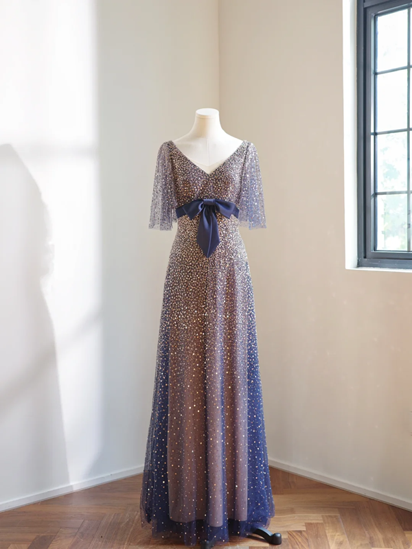 Deep blue sequined waist-cinching long elegant ball gown R8468