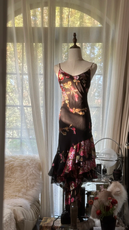 Black with pink floral print, halter-neck, fitted, asymmetrical hem, long ball gown R7738