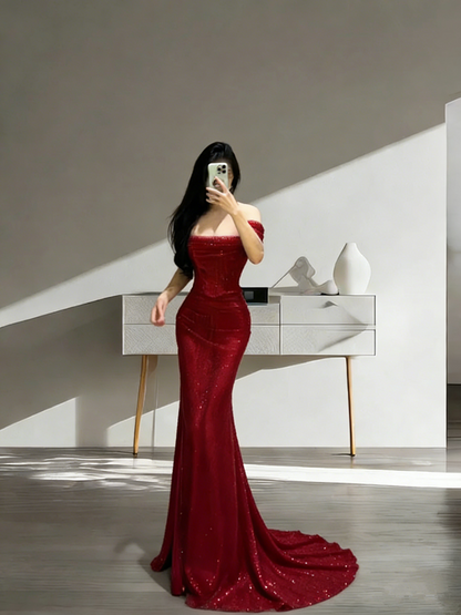 Red off-the-shoulder fitted waist slim-fitting long sexy ball gown R8048